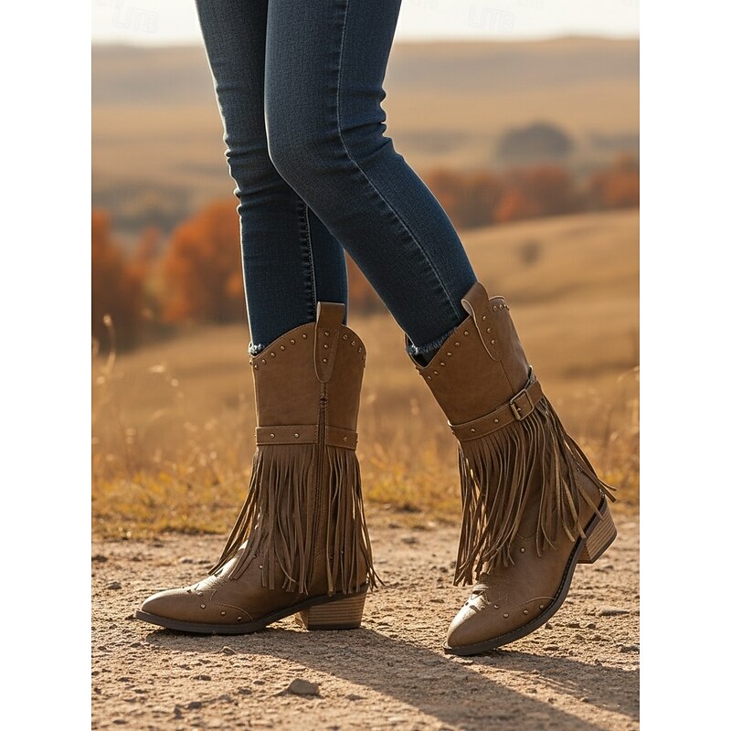 Women's Brown Faux Leather Fringe Knee-High Boots with Studded Details and Low Block Heels, Bohemian Western Cowboy Style Footwear2