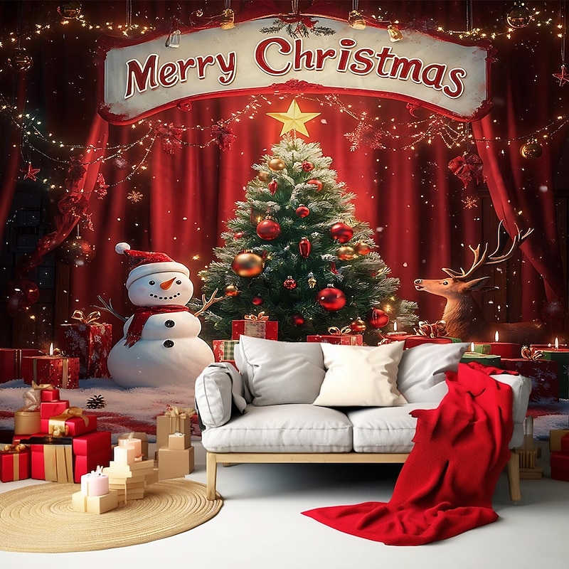 Chrismas Hanging Tapestry Christmas Tree Santa Claus Gift Boxes Large Wall Art Mural Decor Blanket Curtain Holiday Home Bedroom Living Room Festive Party Seasonal Christmas Celebration Decoration