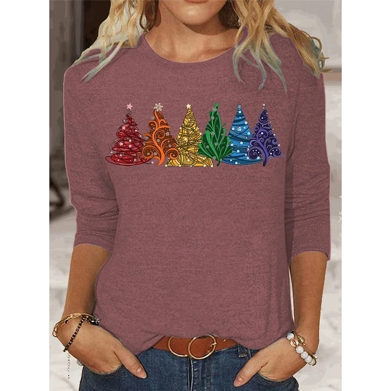 Christmas Women's T Shirt Graphic Christmas Tree Vintage Fashion Stylish Long Sleeve Crew Neck Round Neck Regular Tops Daily Weekend Print Black Red Blue Green Khaki Spring Fall Winter3