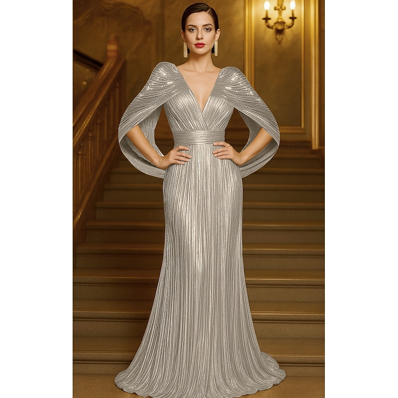 Gold Sequin A-Line Evening Gown Elegant Dress Formal Wedding Floor Length Short Sleeve V Neck Capes Lurex Fabric with Pleats4