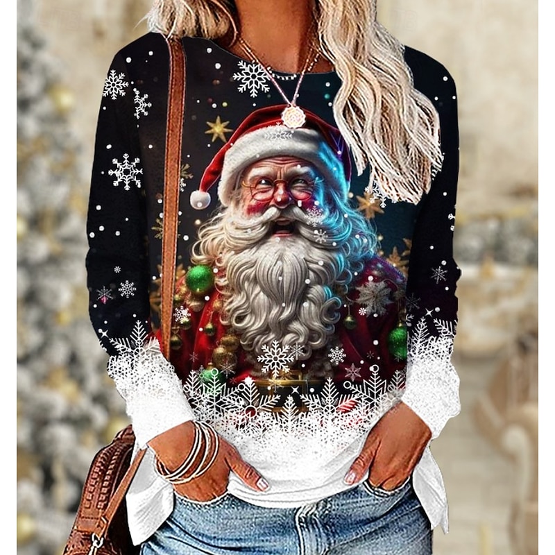 Christmas Women's T Shirt Graphic Santa Claus Vintage Fashion Stylish Long Sleeve Crew Neck Round Neck Regular Tops Daily Weekend Print Black White Pink Red Blue Spring Fall Winter