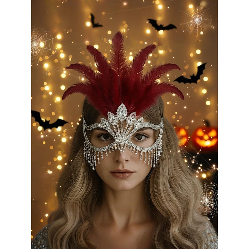 Women's Gatsby Feather Masquerade Mask with Rhinestones - Elegant Costume Accessory for Halloween Party, Cocktail Event and 1920s Themed Ball2