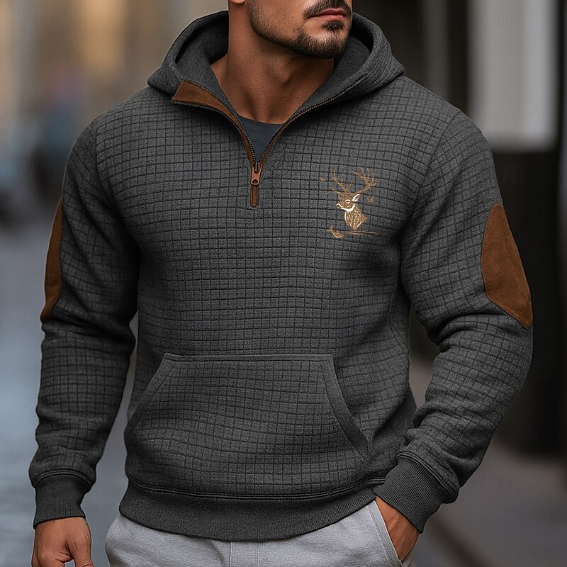 Men's Sweatshirt Waffle Sweatshirt Quarter Zip Sweatshirt Black Dark Gray Half Zip Reindeer Patchwork Print Textured Christmas Daily Holiday Streetwear Casual Fall Spring &  Fall Clothing Apparel4