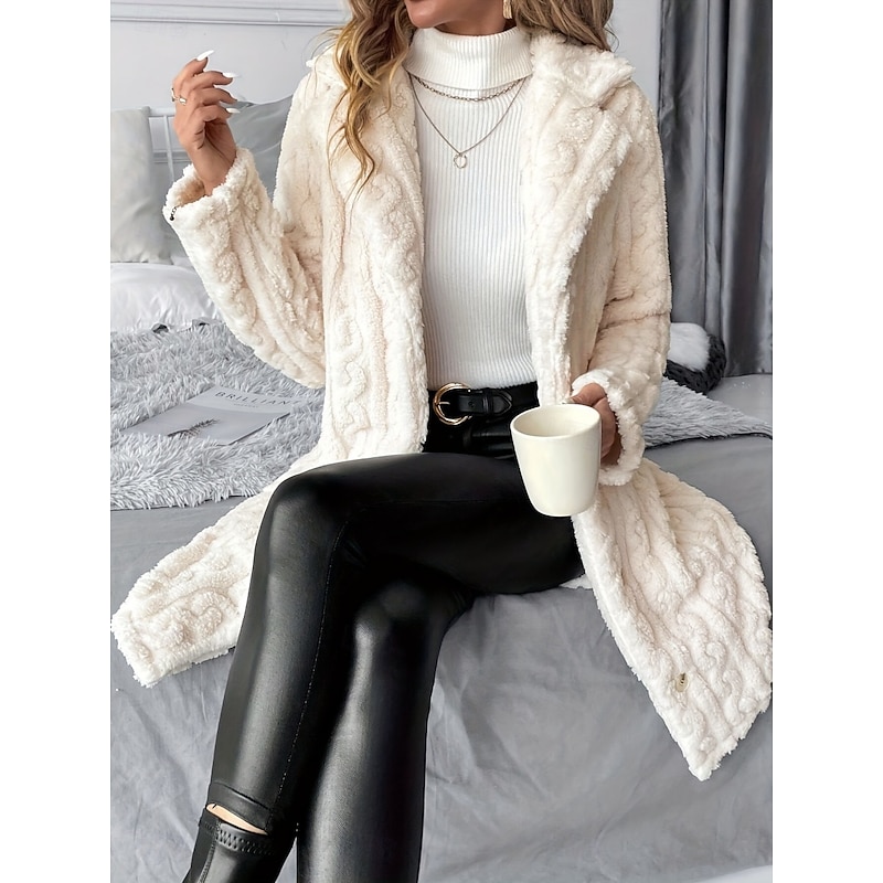 Women's Winter Coat Sherpa Jacket Comfortable Breathable Buttons Elegant Casual Plain Vacation Street Casual Daily Wear Single Breasted Long Turndown Regular Fit Long Sleeve Outerwear Beige Spring2