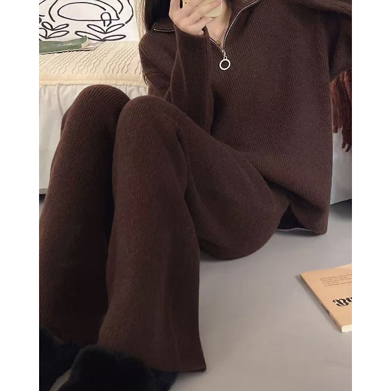 Women's Sweater Sweater Co-ords Pullover Streetwear Casual Solid Color Shirt Collar Zipper Knitted Long Sleeve Regular Tops Knit Daily Going out Weekend Black Apricot Fall Winter3