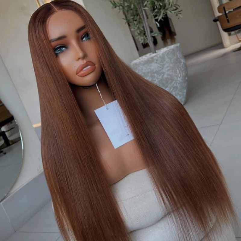 Brazilian 100% Virgin Remy Human Hair Glueless 5x5 Lace Closure Wigs 13x4 Lace Front Human Hair Wig Bone Straight Brown Colored Wig Natural Hairline  Glueless Pre-Plucked For Women4