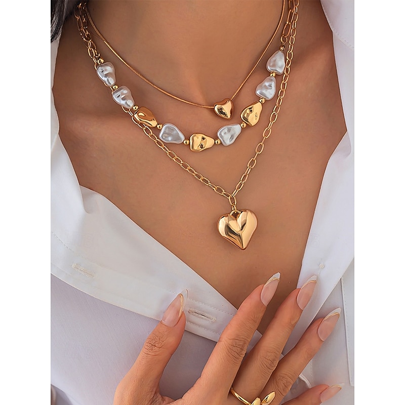 Women's Layered Heart Pendant Necklace – Gold Chain Choker with Pearl Accents, Fashion Jewelry for Parties, Dates & Daily Wear