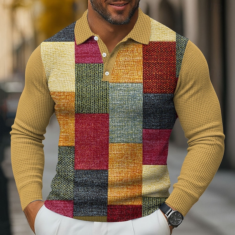Men's Color Block Geometic Waffle Polo Shirts Long Sleeve Polo Shirts Collared Shirts Business Casual Business Wear to work Daily Wear 3D Print Buttons Spring Fall Winter Red 1 Red 4 Red 32