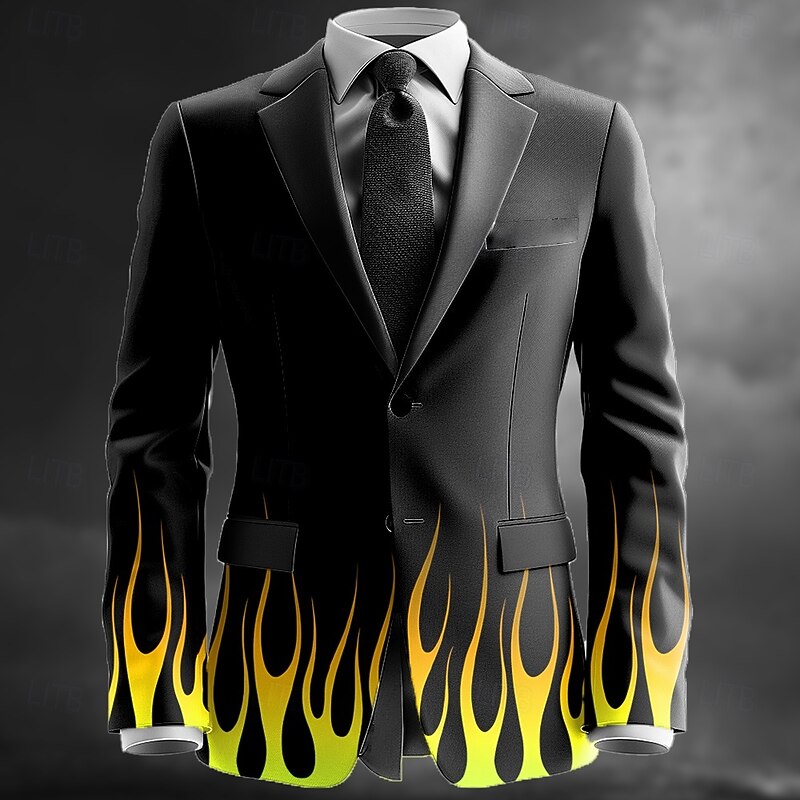 Men's Flame Blazer Jacket Coat Comfortable Artistic Casual Party Daily Festival 3D Print Buttons Multi Pocket All Seasons Notch Long Sleeve Yellow Red Blue3