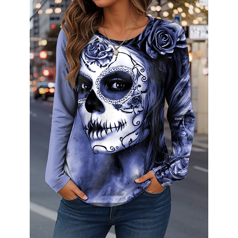 Halloween Women's T Shirt Skulls Graphic Fashion Casual Long Sleeve Crew Neck Regular Tops Daily Weekend Print Red Blue Purple Green Khaki Spring Fall Winter3
