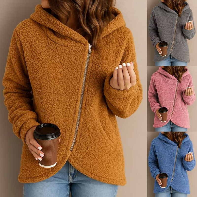 Women's Zip Up Hoodies Teddy Casual Long Sleeve Hooded Regular Tops Zipper Pink Blue Orange Gray Fall Winter
