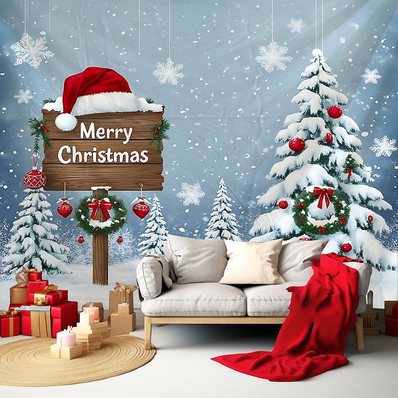Chrismas Hanging Tapestry Christmas Tree Santa Claus Reindeer Neon Lights Large Wall Art Mural Decor Blanket Curtain Holiday Home Bedroom Living Room Festive Seasonal Party Celebration Decoration