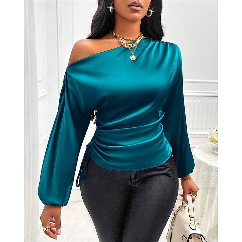 Women's Shirt Elegant Dressy Satin Plain Elegant Stylish Basic Long Sleeve Cold Shoulder Regular Tops Daily Going out Asymmetric Black Blue Brown Green Summer Spring Fall