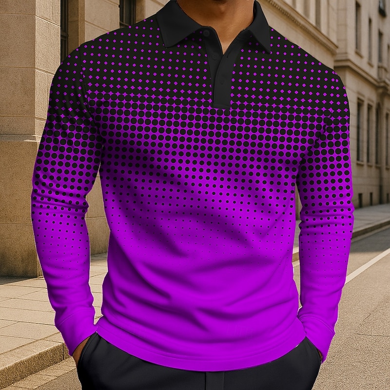 Men's Polka Dot Geometic Polo Long Sleeve Polo Shirts Lapel Casual Athleisure Daily Wear 3D Print Buttons Spring Fall Winter Blue Purple Green3