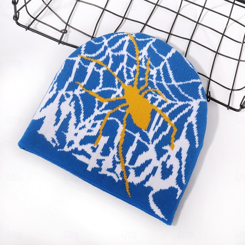 Men's Unisex Beanie Hat Winter Hats Beanies Skull Cap Knit Hat Light Blue Black Acrylic Fibers Jacquard Knitted Cozy Halloween Daily Wear Festival Spider Spider web Warm3