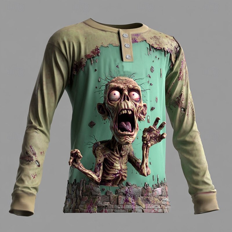 Men's Halloween Zombies Henley Shirt Long Sleeve Fashion Cute Daily Casual Holiday Going out Fall Spring &  Fall Blue Green Purple Khaki Henley Henley T-Shirt2
