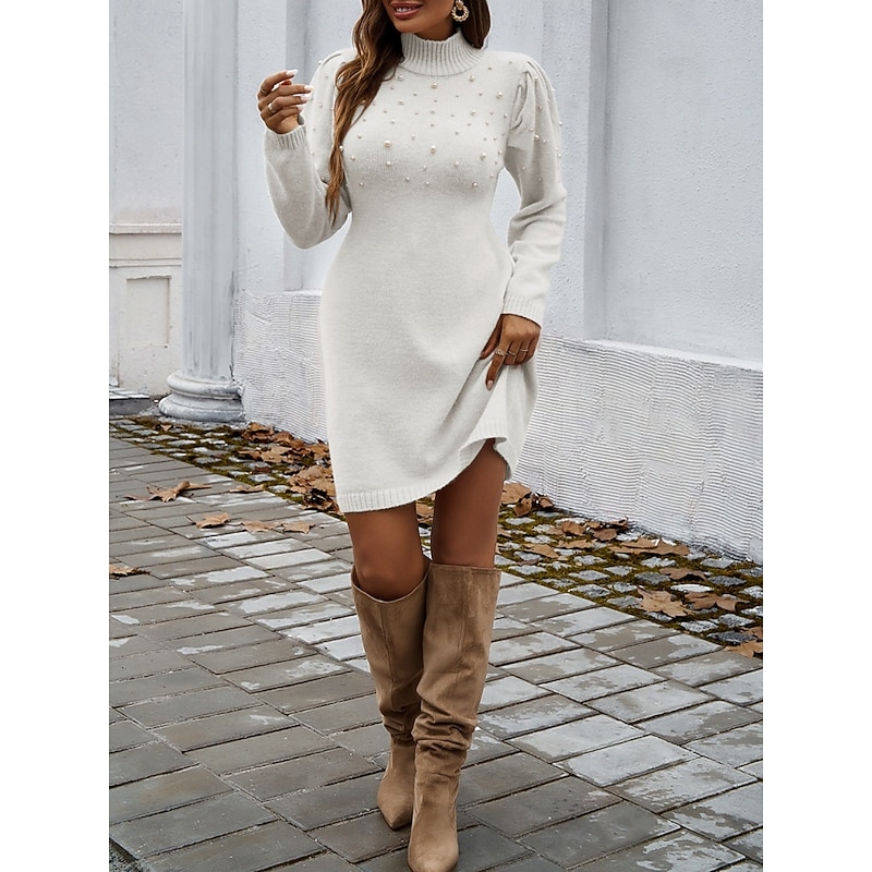 Women's Sweater Sweater Dress Elegant Casual Soft Pure Color Ribbed Turtleneck Beaded Knitted Long Sleeve Long Tops Knit Outdoor Daily Weekend Black White Fall Winter4