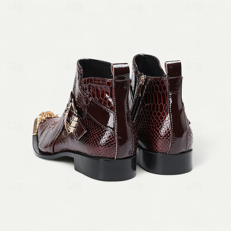 Men's Genuine Leather Ankle Boots with Snake Print and Buckle Straps – Gothic Punk Style Footwear for Parties, Stage Performances and Cosplay3