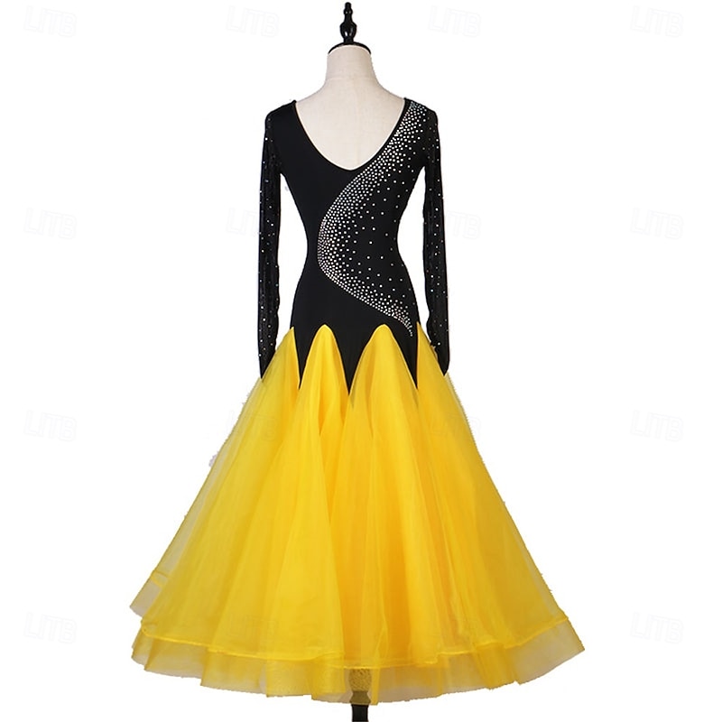 Women's Black and Red Ballroom Dance Dress with Rhinestone Detailing, Long Sleeves, and Full Tulle Skirt – Perfect for Latin, Waltz, and Performance Wear4