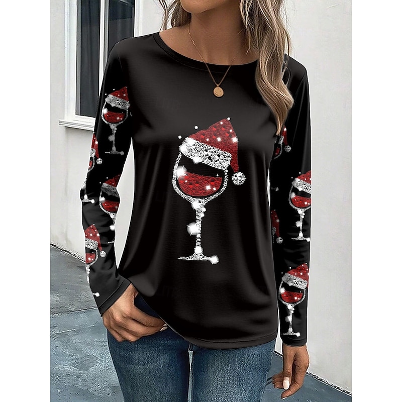 Christmas Women's T Shirt Graphic Wine Glass Vintage Fashion Stylish Long Sleeve Crew Neck Round Neck Regular Tops Daily Weekend Print Red Blue Purple Green Summer Spring Fall Winter