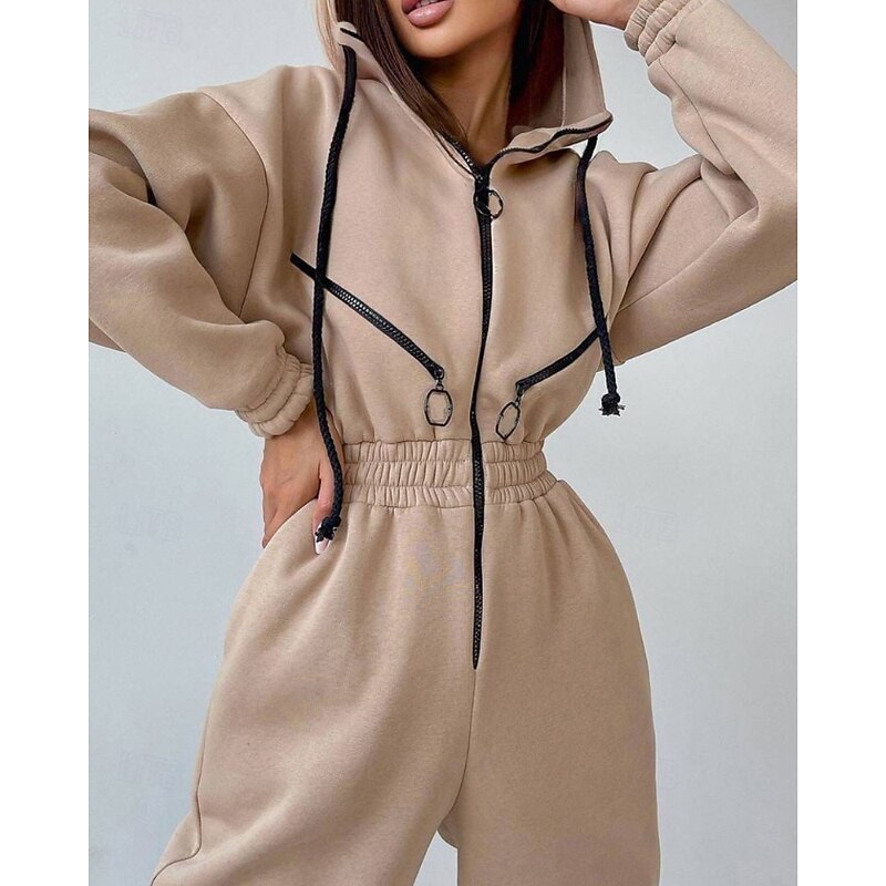 Women's Normal Jumpsuit Streetwear Color Block Long Sleeve Hooded Patchwork Zipper Street Daily Regular Fit White Pink Blue Fall2