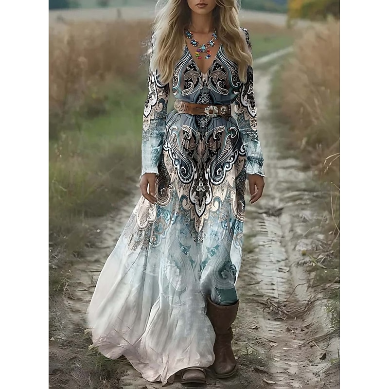 Women's Maxi Dress A Line Dress Pleated Dress Fit And Flare Dress Vacation Casual Boho Date Going out Regular Fit Floral Graphic Geometric Long Sleeve V Neck Light Green Blue Gray Spring Fall Winter2