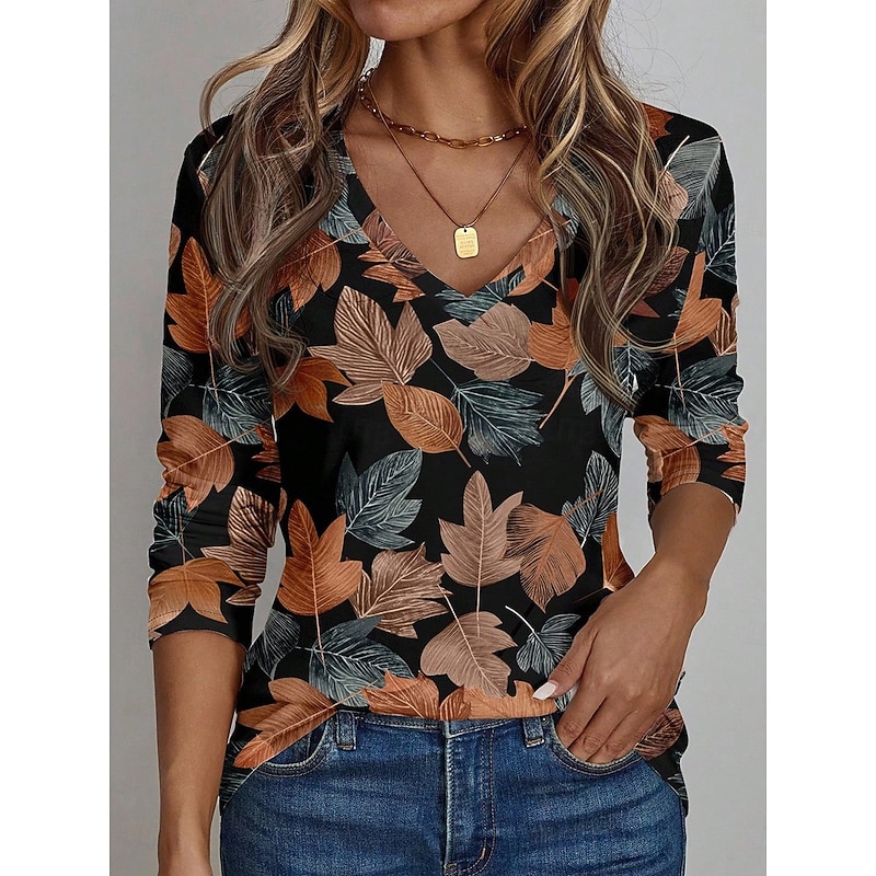 Women's T Shirt Floral Graphic Plants Vintage Stylish Classic Long Sleeve V Neck Regular Tops Daily Print Blue Orange Brown Khaki Spring Fall Winter4