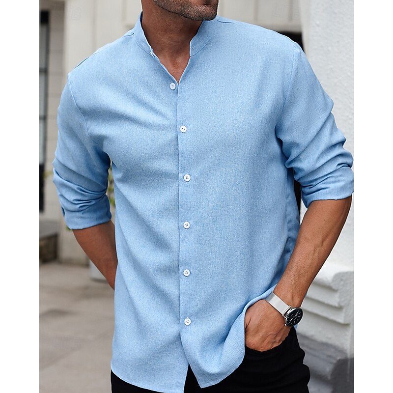 Men's Shirt Summer Shirt Casual Shirt Beach Shirt Button Up Shirt Blue Gray Long Sleeve Plain Band Collar Vacation Hawaiian Clothing Apparel Polyester Fashion Casual Comfortable4