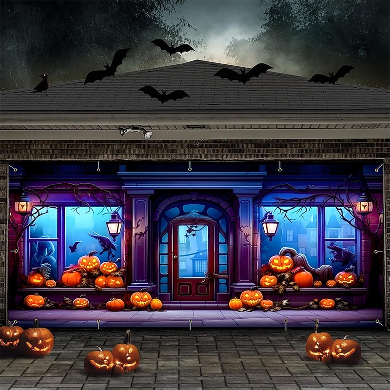 Halloween Tapestry Garage Door Cover Large Hanging Backdrop Pumpkin Shop of Horrors 3D Dark Punk Gothic Style Party Outdoor Shooting Backgrounds Yard Haunted House Home Decor3