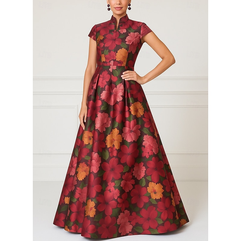 Red Burgundy A-Line Evening Gown Elegant Formal Dress Formal Wedding Floor Length Short Sleeve Scalloped Neckline Pocket Satin with Floral Print 20254