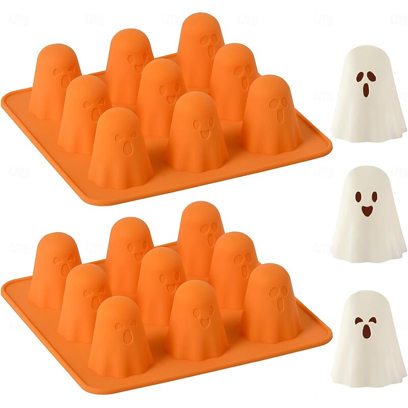 2 Packs Halloween Ghost Silicone Molds Non-Stick 3D Chocolate Molds 9-Cavity Cute Ghost Mold for Jelly Gummy Candy Pudding Ice Cube Resin Cake Halloween Party Decorations