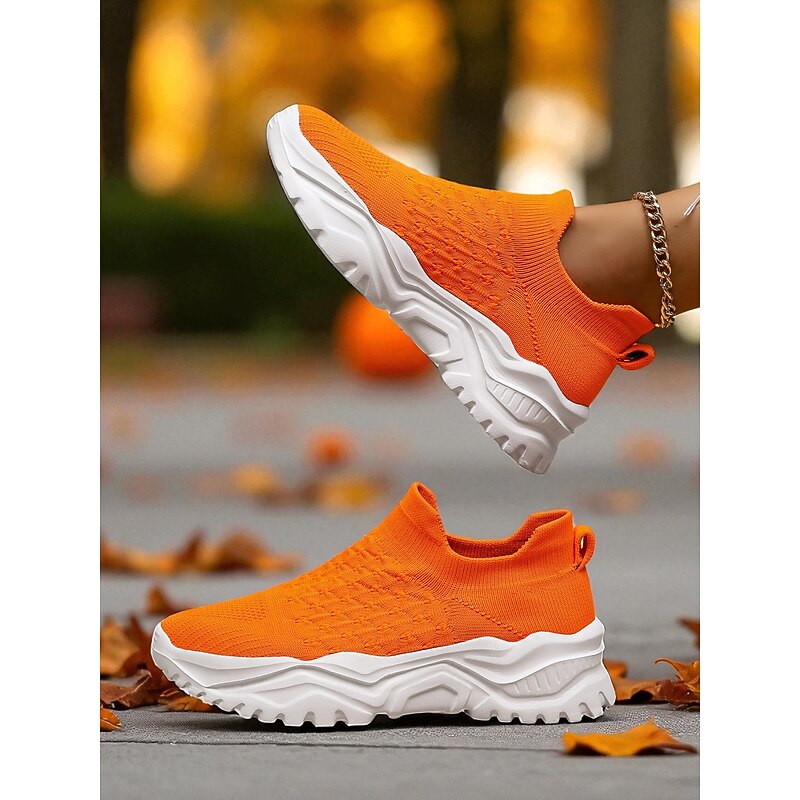 Women's Orange Slip-On Flyknit Sneakers – Breathable Mesh Lightweight Walking Shoes with Chunky Sole for Casual and Sport2