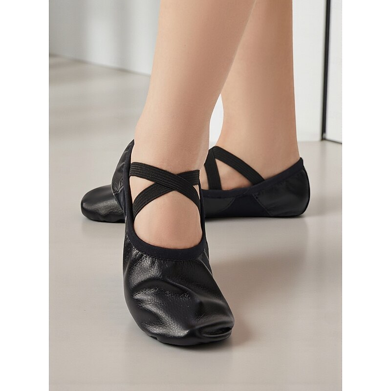 Women's Black Genuine Leather Ballet Dance Shoes with Cross Elastic Straps - Professional Soft Sole Practice Footwear4