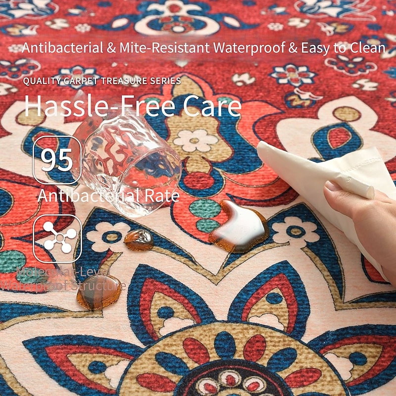 Persian Style Vintage Area Rug, Water-Resistant and Stain-Proof Carpet for Living Room or Bedroom, Large Full-Coverage Floor Mat, Distressed American Retro Design