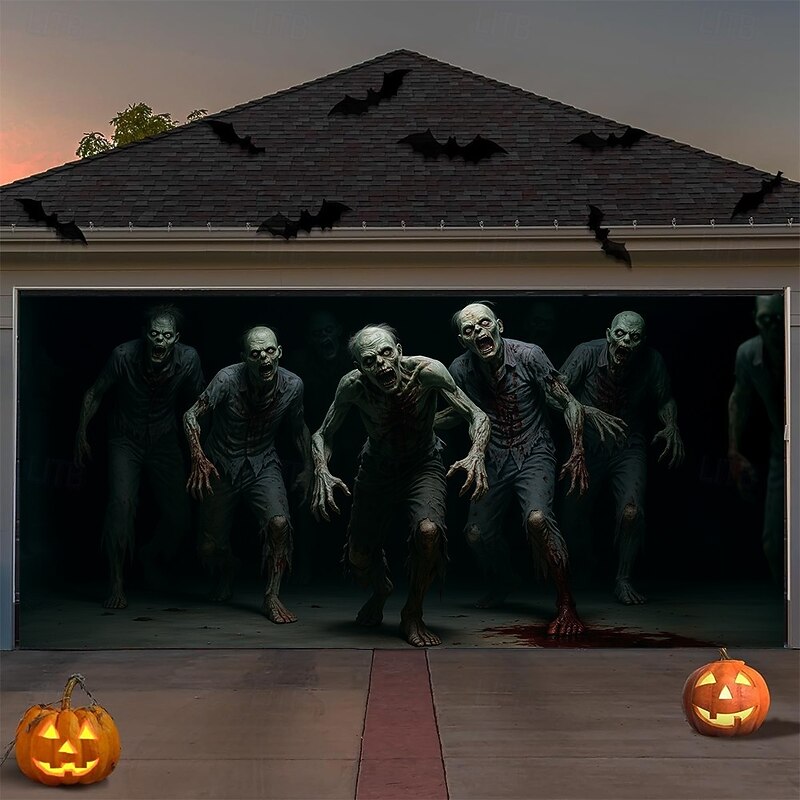 Halloween Outdoor Garage Door Cover Spooky Black White Zombie Horror Banner Large Haunted Tapestry Backdrop Decoration for Holiday Outdoor Garage Door Home Wall Decorations