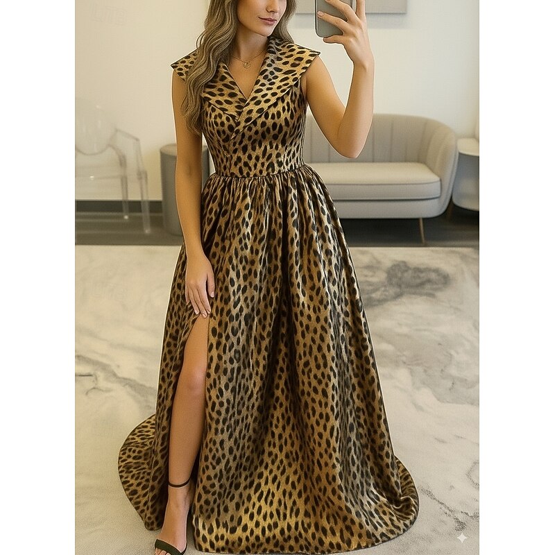 leopard print  A-Line Evening Gown Elegant Formal Dress Formal Wedding Floor Length Sleeveless Lapel Pocket Satin with Pocket 20254
