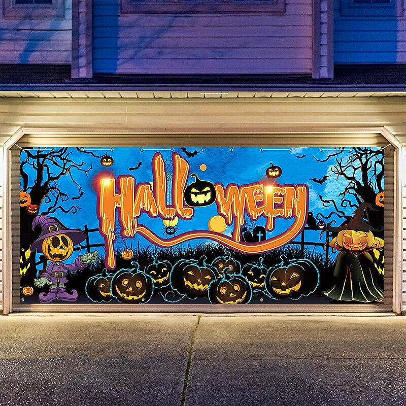 Halloween Tapestry Garage Door Cover Large Hanging Backdrop Pumpkin Dark Punk Gothic Style Party Outdoor Shooting Backgrounds Yard Haunted House Home Decor2