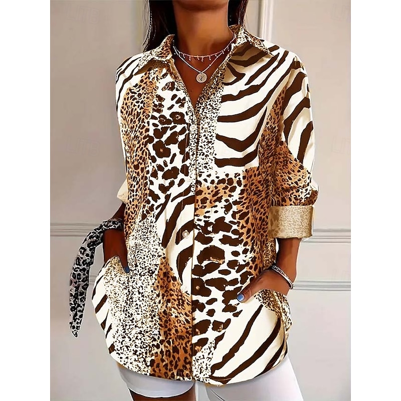 Women's Shirt Graphic Leopard Elegant Bohemia Vintage Long Sleeve Shirt Collar Regular Tops Work Daily Buttons Print Yellow Blue Brown Spring Fall Winter Spring, Fall, Winter, Summer2