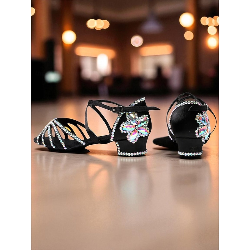 Women's Rhinestone Latin Dance Shoes - Sparkly Ballroom Party Sandals with Low Heel for Salsa, Rumba and Social Events2