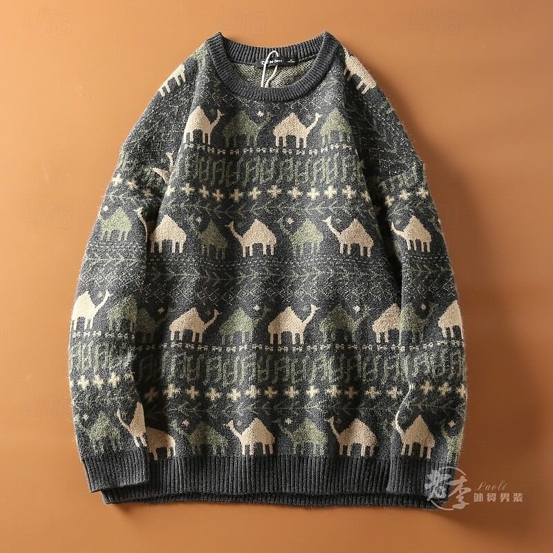 Men's Pullover Sweater Jumper Knit Sweater Ribbed Knit Regular Tops Knitted Animal Crew Neck Basic Ethnic Vacation Daily Wear Clothing Apparel Fall Winter Camel Blue M L XL4