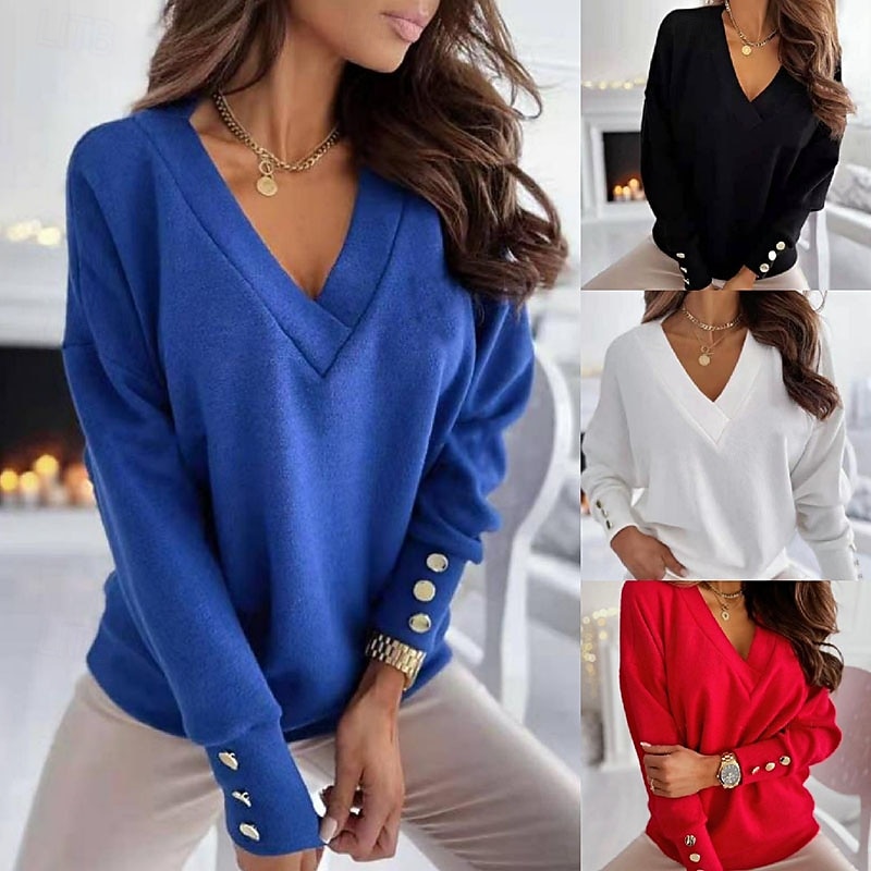 Women's Sweater Pullover Streetwear Stylish Casual Solid Color V Neck Buttons Knitted Long Sleeve Regular Tops Knit Daily Holiday Going out Black White Spring Fall