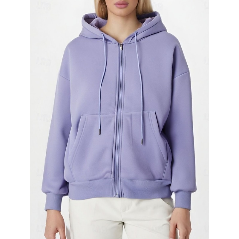Women's Casual Jacket Hoodie Jacket Comfortable Breathable Zipper Pocket Casual Plain Vacation Street Casual Daily Wear Zipper Regular Hooded Regular Fit Long Sleeve Outerwear Black Red Purple Spring3