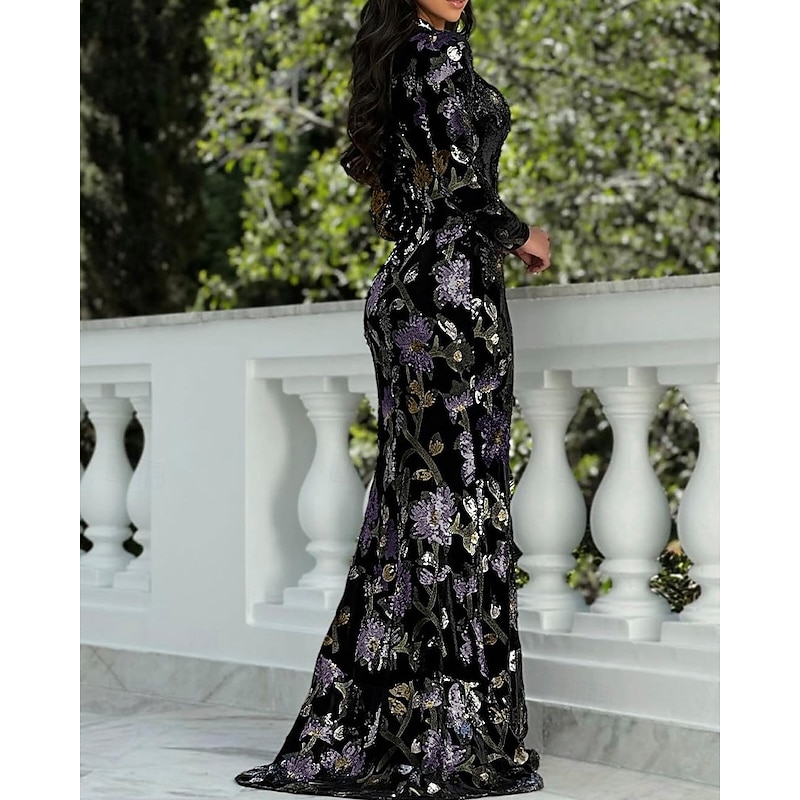 Black Velvet Sequin Lace Applique Mermaid / Trumpet Evening Gown Elegant Dress Formal Wedding Floor Length Long Sleeve Mock Neck High Neck 20254