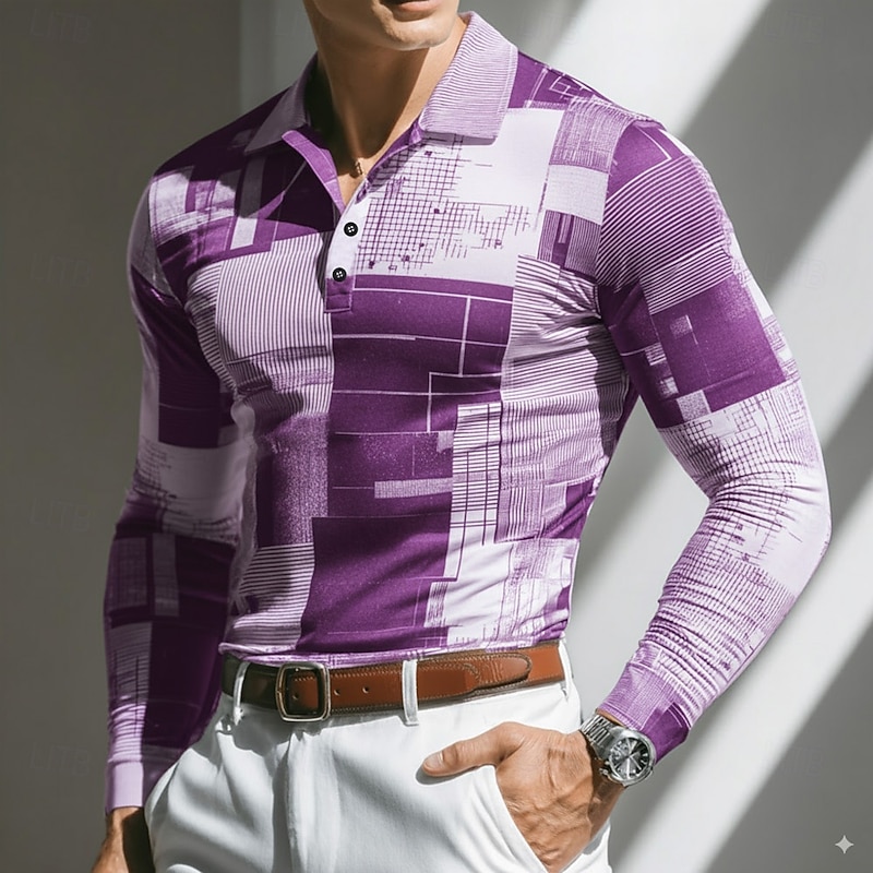 Men's Geometic Polo Long Sleeve Polo Shirts Lapel Casual Outdoor Street Athleisure Daily Wear 3D Print Buttons Spring Fall Winter Black Purple Gray2