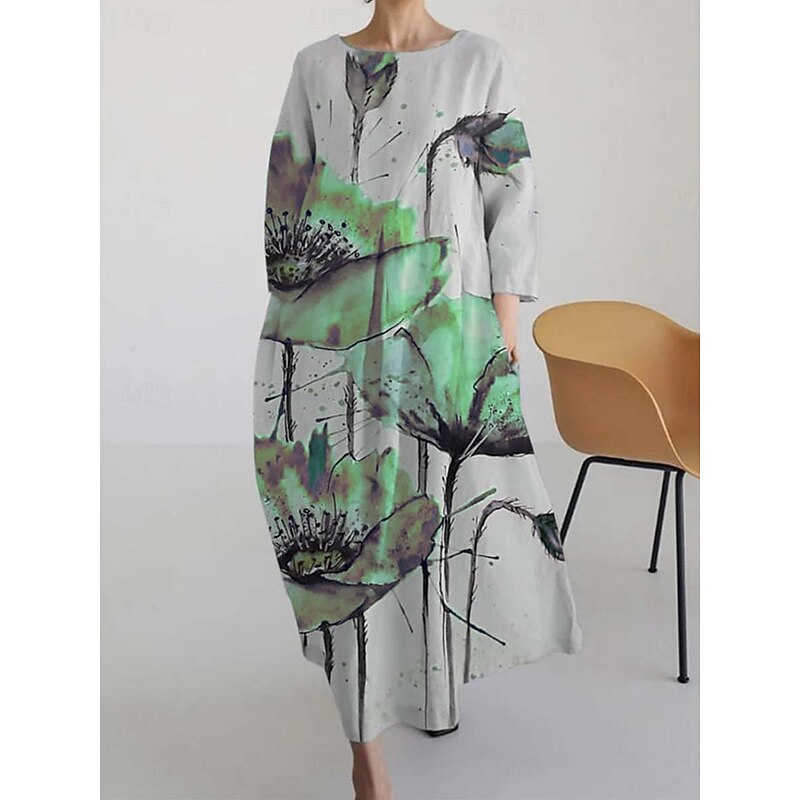 Women's Maxi Dress A Line Dress Fit And Flare Dress Party Birthday Casual Party Office Wedding Guest Loose Fit Floral Graphic Long Sleeve Crew Neck Yellow Pink Blue Green Spring Fall Winter Autumn4