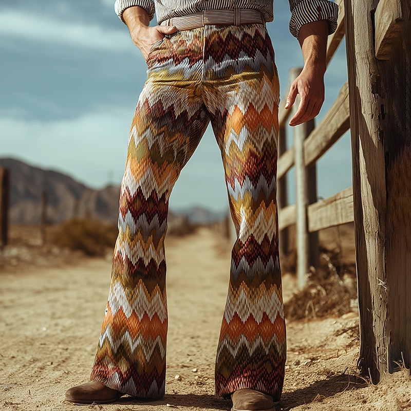 Men's Geometric Pattern Ethnic Disco Pants 60s 70s Bell Bottoms Mid Waist Western Vintage Retro Outdoor Vacation Casual Side Pockets Flared Leg Pants Trousers Spring Fall 3D Print Orange khaki