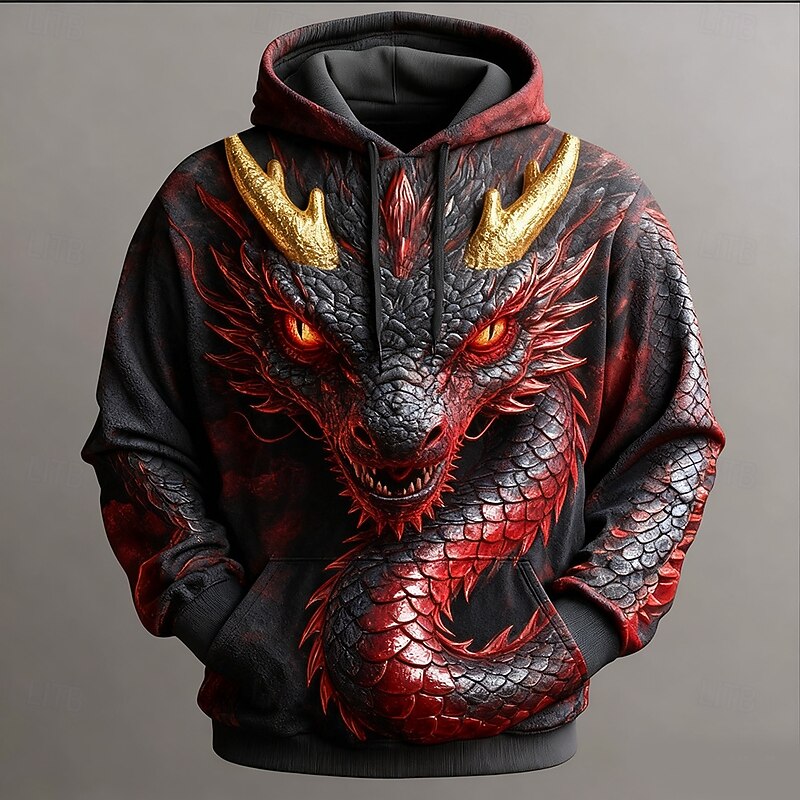Men's Dragon 3D Print Hoodie Sweatshirt Cool Party Crew Neck Club Streetwear Black 1 Black Drawstring Fall Winter Designer