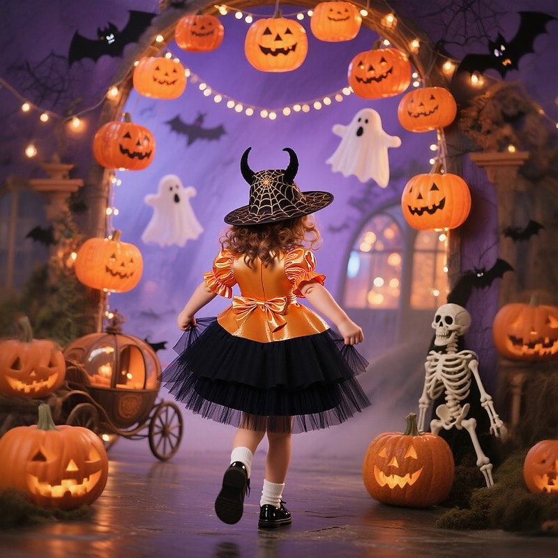 Kids Girls' Party Dress Solid Color Graphic Short Sleeve Special Occasion Halloween Party Halloween Custome Sweet Polyester Summer Spring Fall kids Orange3