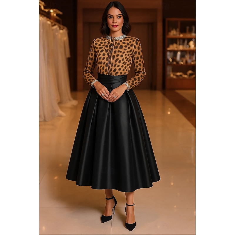 Leopard Print A-Line Cocktail Dresses Elegant Formal Dress Formal Wedding Tea Length Midi Length Long Sleeve Crew Neck Chiffon with Pleats Crystals Embellished 2025