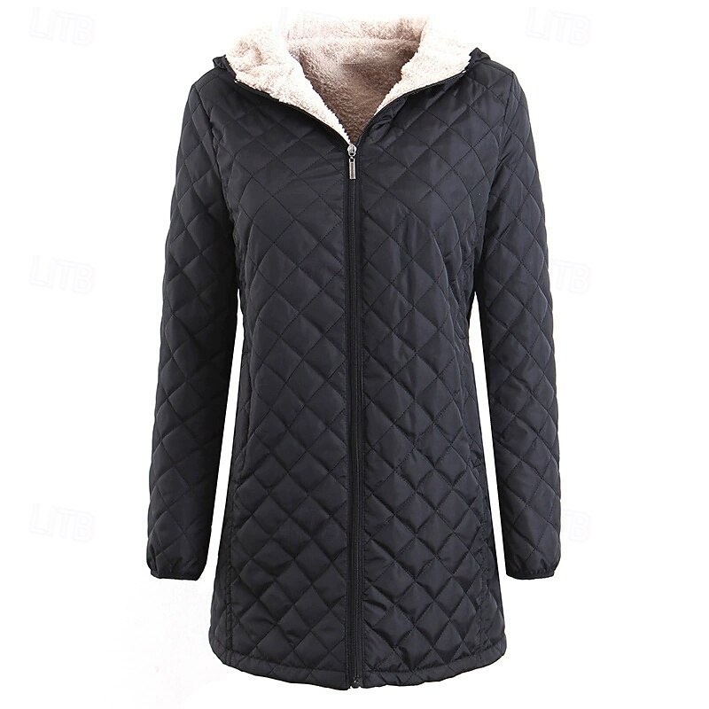Women's Puffer Jacket Quilted Jacket Casual Jacket Comfortable Breathable Zipper Pocket Casual Plain Vacation Street Casual Daily Wear Zipper Short Long Hooded Regular Fit Long Sleeve Outerwear Black4